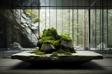 Interior, design, nature and architecture concept. Abstract and minimalist interior design elements made from stone and moss. Abstract background with copy space
