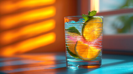 Refreshing lemon water with mint in a glass against a sunset background with vibrant colors and shadows.
