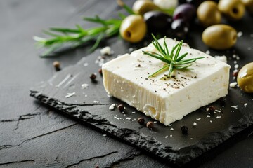 Delicious feta and olives on dark backdrop
