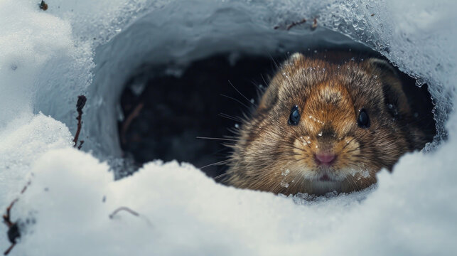 Closeup of a Collared Lemming snuggled inside its cozy nest within the snow burrow with only its e little face visible.