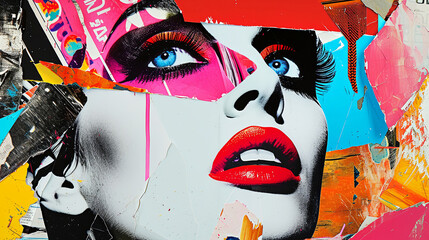 Modern Pop art collage. Beauty woman face. Red lips