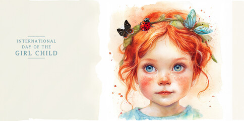 Ginger hair baby girl with big blue eyes and ladybird on her head. Watercolor illustration. International Day of the Girl Child