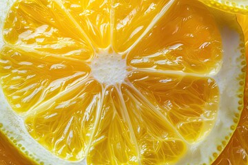 Close up macro of a fresh yellow juicy bergamot slice with a fruity background pattern emitting a strong aroma