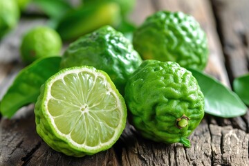 Fototapeta premium Fresh bergamot fruit on a wooden table