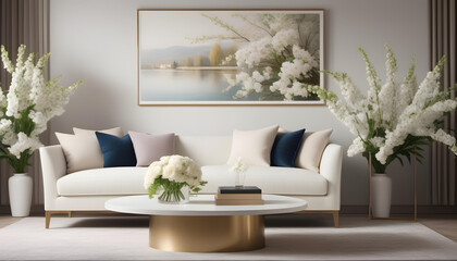 Modern luxury elegant living room with spring atmosphere with flowers and white sofa. interior decoration. Well-appointed interior design. template.