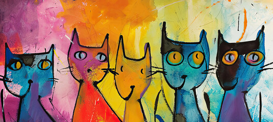 Rainbow Funny cats, abstract painting
