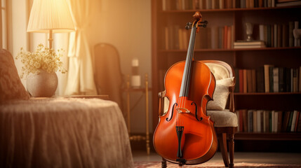 A shallow depth of field, sheet music in the backdrop, and a classical violin sitting on an ancient wooden table sofa