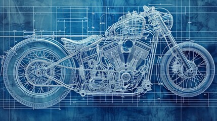 Detailed blueprint illustration of a classic motorcycle, showcasing engineering design