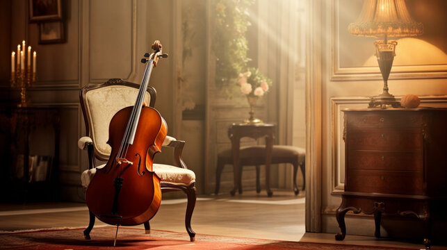 A shallow depth of field, sheet music in the backdrop, and a classical violin sitting on an ancient wooden table sofa