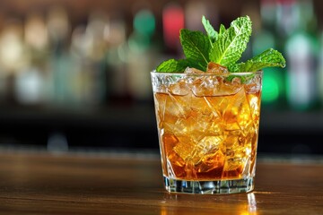 Refreshing cocktail on a bar with mint and bourbon - obrazy, fototapety, plakaty