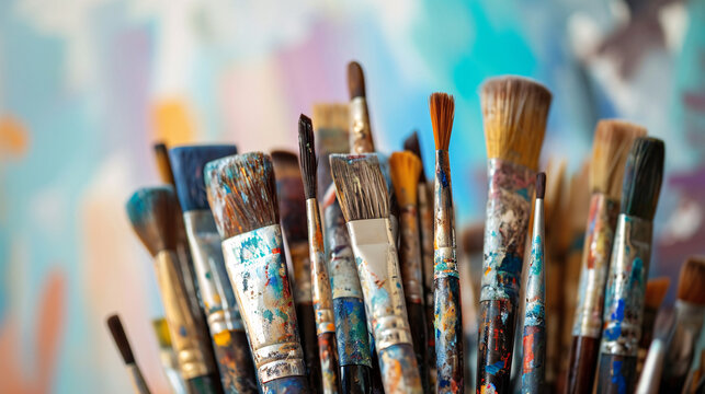 The diverse collection of art brushes. From vibrant paint strokes to fine details, showcasing the tools and techniques of painting, illustrating the artistic process visual feast of textures &color