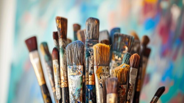 The diverse collection of art brushes. From vibrant paint strokes to fine details, showcasing the tools and techniques of painting, illustrating the artistic process visual feast of textures &color