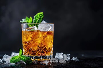 Bourbon based cocktail with ice and mint on black background - obrazy, fototapety, plakaty