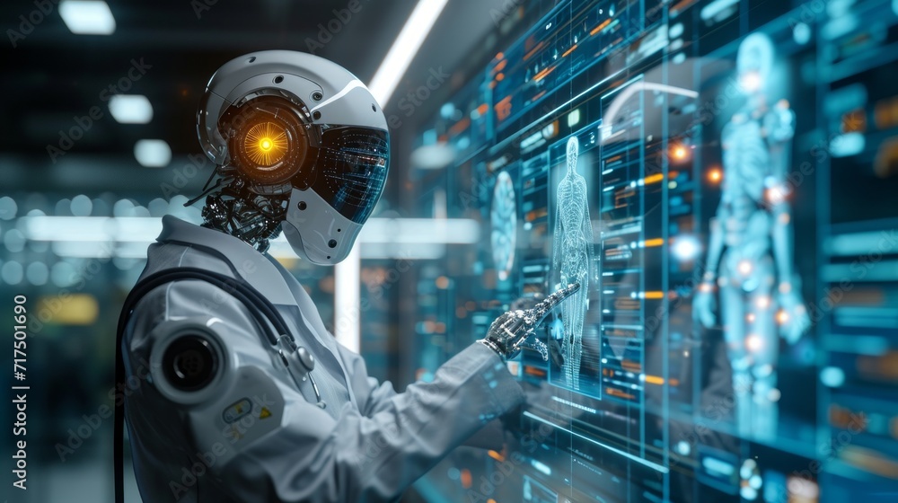 Poster humanoid robot working in virtual space with hologram screen