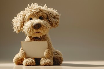 Cute toy dog with blank sheet of paper on grey background.