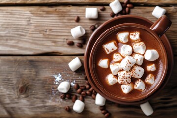 Hot cocoa with marshmallow on a cozy wooden desk cocoa in a mug on a rustic table in a coffee shop overhead view copy space