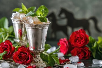 Silver mint julep cups red roses and horse silhouette in background vertical arrangement
