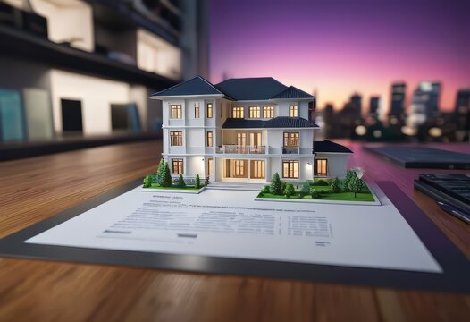 concept 3d render miniature model maquette of small skyscraper building on table in real estate agency. signing mortgage contract document demonstrating. futuristic business.