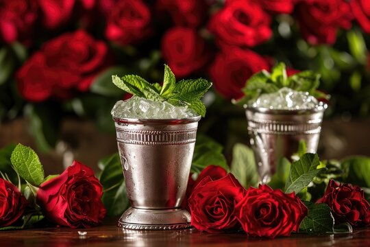 Traditional silver cups with red roses and horse shape in the background accompany mint juleps