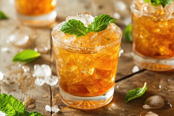 Alcoholic invigorating bourbon based cocktail with mint ice and sweetness - obrazy, fototapety, plakaty
