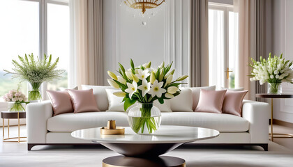 Modern luxury elegant living room with spring atmosphere with flowers and white sofa. interior decoration. Well-appointed interior design. template. - obrazy, fototapety, plakaty