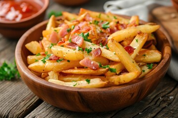 Cheesy bacon fries made at home with a twist of saltiness