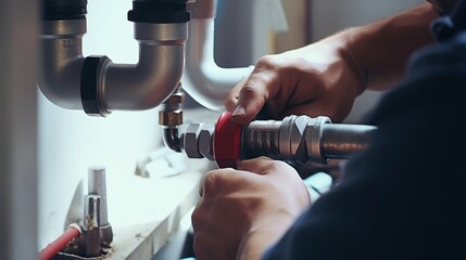 Close up hand technician repair a water pipe under the sink, maintenance fix water plumbing