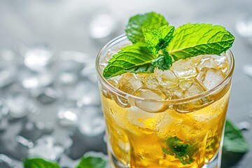 Close up of a mint julep garnished with fresh green mint served on the rocks a Kentucky Derby delight - obrazy, fototapety, plakaty