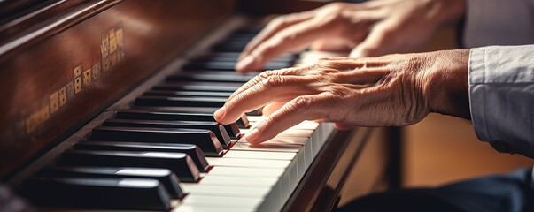 Close up old man playing the piano