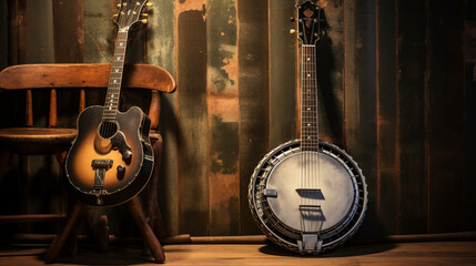 A close-up of the vintage banjo collection in natural light.
BanjoA man with bokeh plays the bass guitar against a blurry background.



 - obrazy, fototapety, plakaty