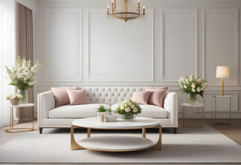 Modern luxury elegant living room with spring atmosphere with flowers and white sofa. interior decoration. Well-appointed interior design. template. - obrazy, fototapety, plakaty