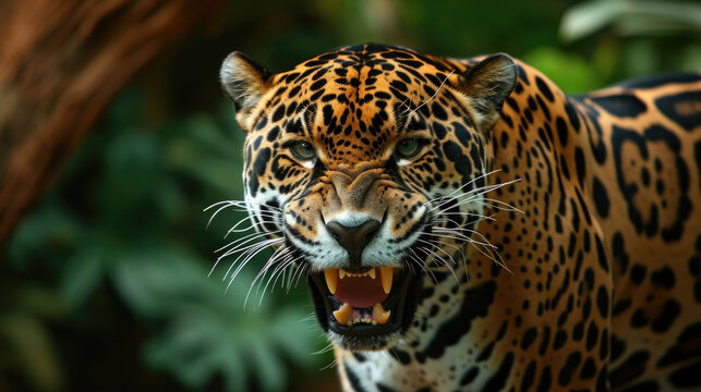 Closeup of a jaguars snarling face displaying resentment towards the encroachment of its habitat by human activities such as deforestation for agriculture.