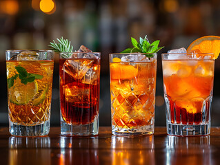 Assorted iced tea cocktails on bar counter with garnishes. - Powered by Adobe