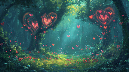 Fantasy-inspired whimsical illustration featuring a magical forest with heart-shaped trees, fairies, and enchanted elements, whimsical, magical heart forest, hd, with copy space - obrazy, fototapety, plakaty