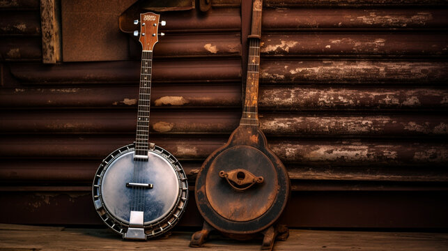 A close-up of the vintage banjo collection in natural light.
BanjoA man with bokeh plays the bass guitar against a blurry background.



