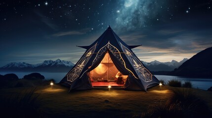 Fototapeta na wymiar Tent Camping and Stargazing: Outdoor Nighttime Adventures