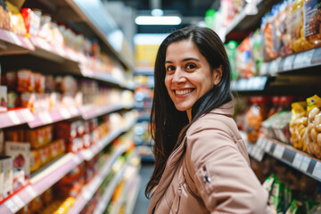 Portrait of a young woman in a supermarket. She is looking at the camera and smiling.
