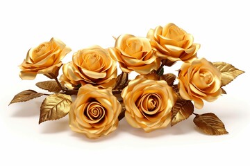 a bunch of gold roses with leaves on a white background with clipping path to the bottom of the image to the bottom