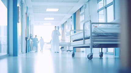 Blurred modern hospital corridor background. Abstract blurred clinic hallway interior. Entrance of medical emergency room in hospital. Healthcare and medical center background - obrazy, fototapety, plakaty