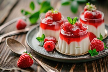 Panna cotta dessert with strawberry jelly on wooden background representing holiday food Focused