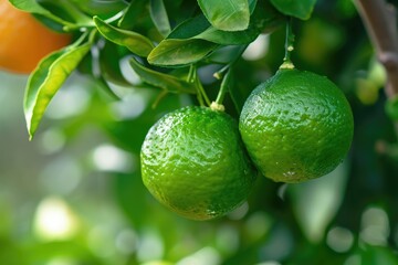 Ripe bergamot oranges hanging on a tree with green pomelo fruit and calamondin citrus - obrazy, fototapety, plakaty