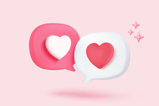 3D Social media online platform concept, online social communication on applications, Photo frame with heart and love emoji icon, like and play in red bubble 3d icons. 3d vector render concept