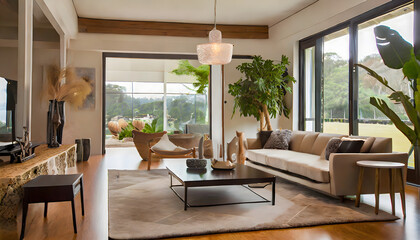 Beautiful contemporary living room home interior. Generative AI.