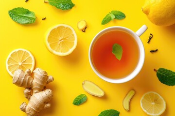 Ginger tea with lemon and mint on a yellow background