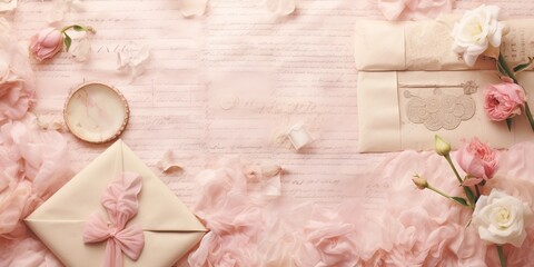 Create a background reminiscent of vintage love letters with faded paper, calligraphy, and soft pink hues.