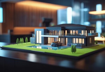 concept 3d render miniature model maquette of small skyscraper building on table in real estate agency. signing mortgage contract document demonstrating. futuristic business.