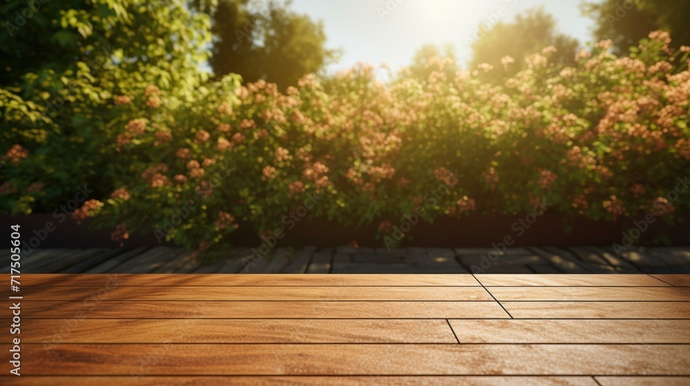 Poster an empty wooden table in front of a garden. generative ai.