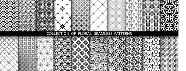 Geometric floral set of seamless patterns. White and black vector backgrounds. Damask graphic ornaments.