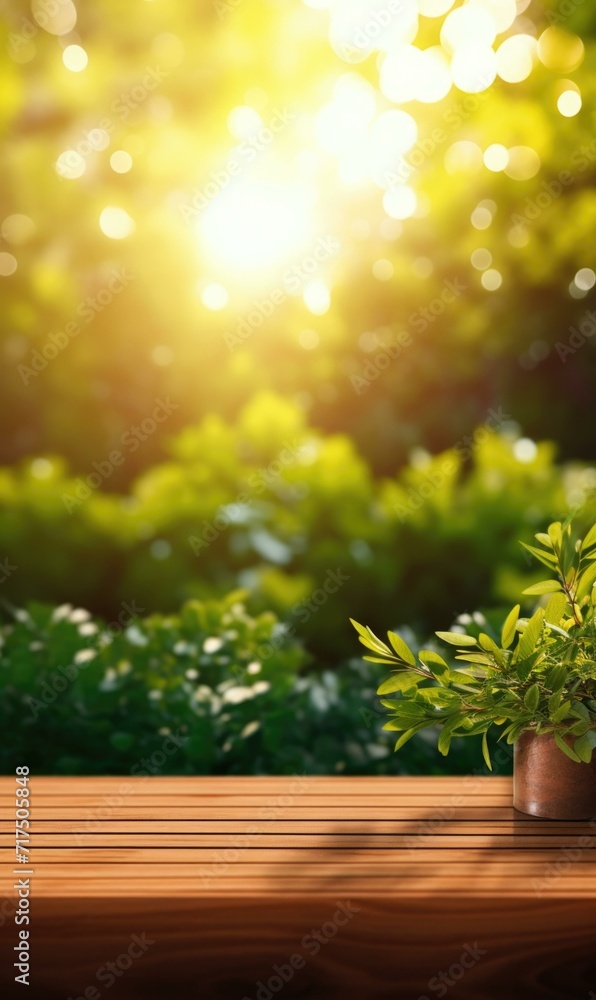 Poster an empty wooden table with a plant in a pot on it. generative ai.