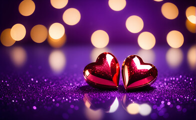 Two small red heart on a sparkling soft purple background, Valentine's Day, Christmas. Generative AI